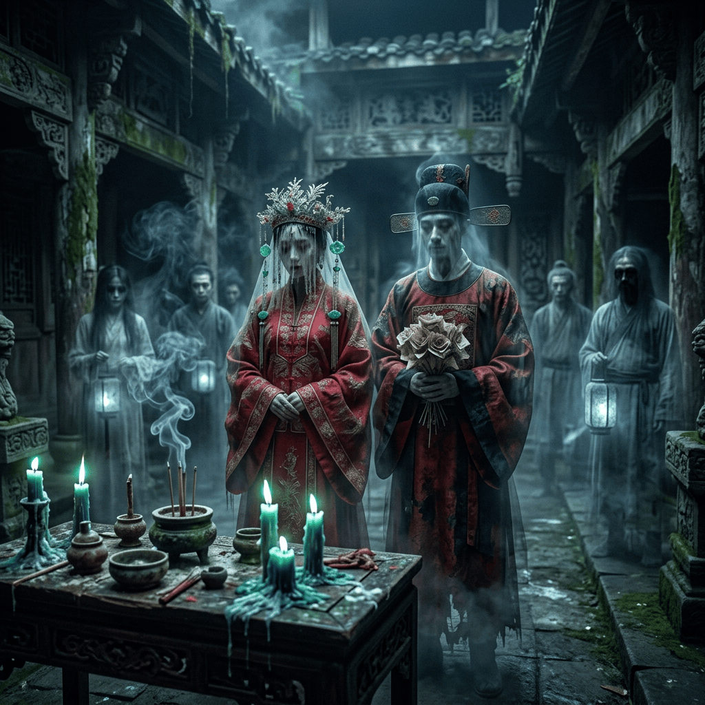 Ceremonial couple in traditional robes standing before candles and incense